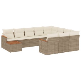 vidaXL 11-tlg. Garten-Sofagarnitur mit Kissen Beige Poly Rattan