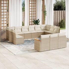 vidaXL 13-tlg. Garten-Sofagarnitur mit Kissen Beige Poly Rattan