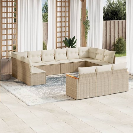 vidaXL 13-tlg. Garten-Sofagarnitur mit Kissen Beige Poly Rattan