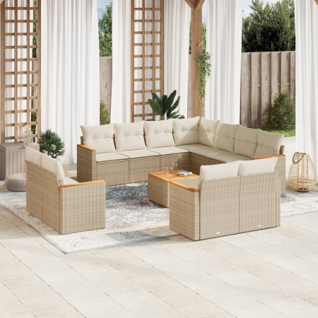 vidaXL 12-tlg. Garten-Sofagarnitur mit Kissen Beige Poly Rattan