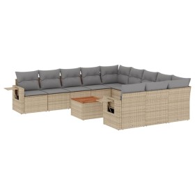 vidaXL 12-tlg. Garten-Sofagarnitur mit Kissen Beige Poly Rattan