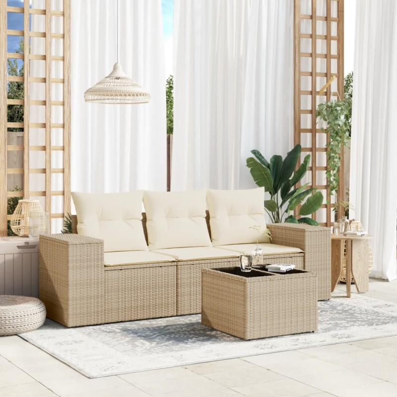 vidaXL 4-tlg. Garten-Sofagarnitur mit Kissen Beige Poly Rattan vidaXL 4-tlg. Garten-Sofagarnitur mit Kissen Beige Poly Rattan