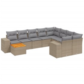 vidaXL 11-tlg. Garten-Sofagarnitur mit Kissen Beige Poly Rattan