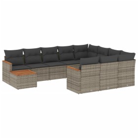 vidaXL 11-tlg. Garten-Sofagarnitur mit Kissen Grau Poly Rattan