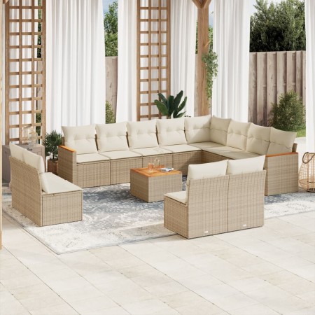 vidaXL 13-tlg. Garten-Sofagarnitur mit Kissen Beige Poly Rattan