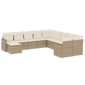 vidaXL 11-tlg. Garten-Sofagarnitur mit Kissen Beige Poly Rattan
