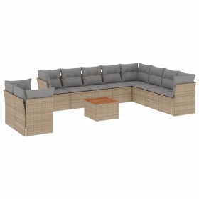 vidaXL 11-tlg. Garten-Sofagarnitur mit Kissen Beige Poly Rattan
