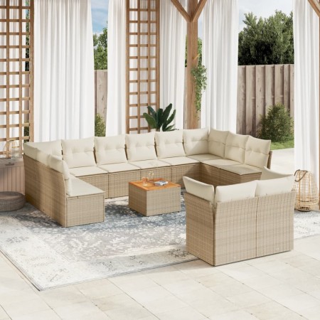 vidaXL 13-tlg. Garten-Sofagarnitur mit Kissen Beige Poly Rattan