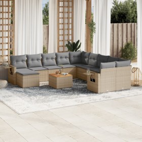 vidaXL 14-tlg. Garten-Sofagarnitur mit Kissen Beige Poly Rattan
