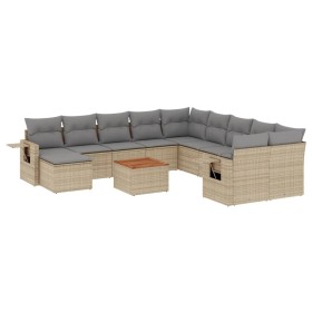 vidaXL 14-tlg. Garten-Sofagarnitur mit Kissen Beige Poly Rattan