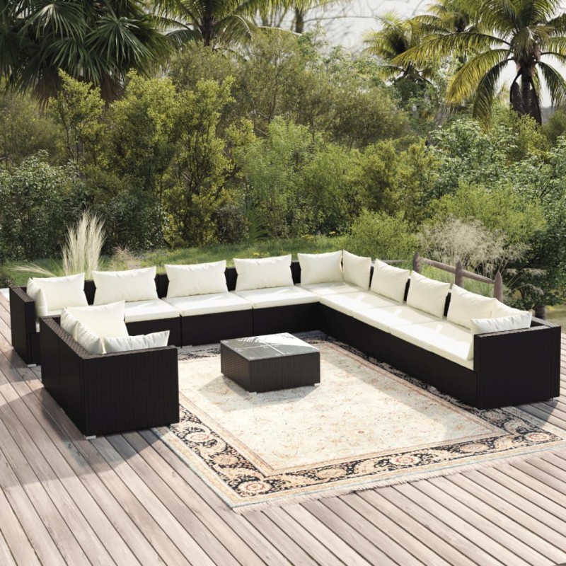 vidaXL 12-tlg. Garten-Lounge-Set mit Kissen Schwarz Poly Rattan vidaXL 12-tlg. Garten-Lounge-Set mit Kissen Schwarz Poly Rattan