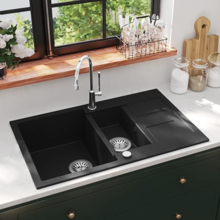 vidaXL Granitspüle Doppelbecken Schwarz 