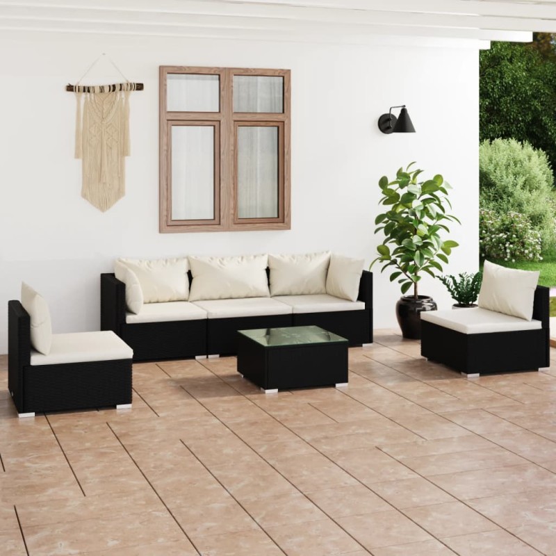 vidaXL 6-tlg. Garten-Lounge-Set mit Kissen Poly Rattan Schwarz vidaXL 6-tlg. Garten-Lounge-Set mit Kissen Poly Rattan Schwarz