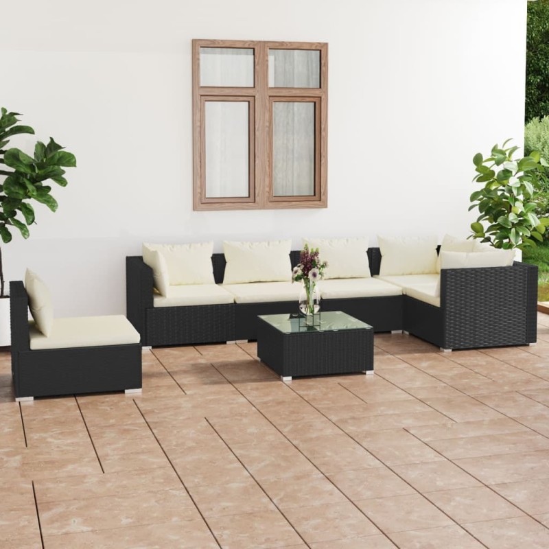 vidaXL 7-tlg. Garten-Lounge-Set mit Kissen Poly Rattan Schwarz vidaXL 7-tlg. Garten-Lounge-Set mit Kissen Poly Rattan Schwarz