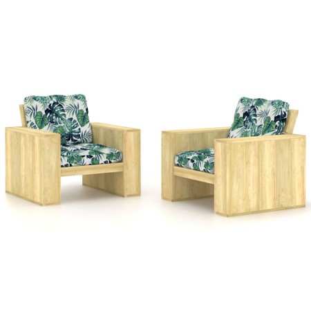 vidaXL Gartenstühle 2 Stk. Kissen mit Pflanzen-Motiven Kiefernholz