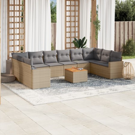 vidaXL 11-tlg. Garten-Sofagarnitur mit Kissen Beige Poly Rattan