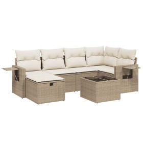 vidaXL 7-tlg. Garten-Sofagarnitur mit Kissen Beige Poly Rattan