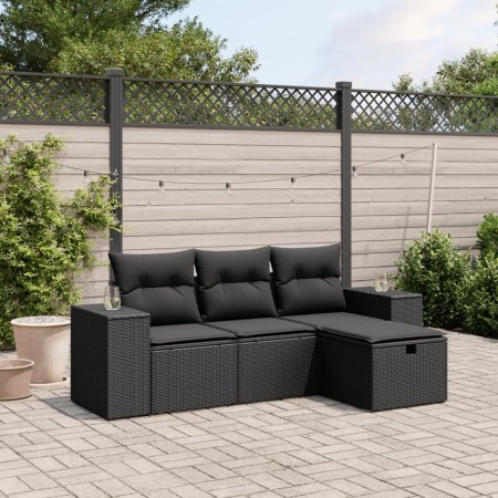 vidaXL 4-tlg. Garten-Sofagarnitur mit Kissen Schwarz Poly Rattan
