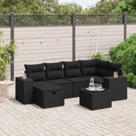 vidaXL 7-tlg. Garten-Sofagarnitur mit Kissen Schwarz Poly Rattan