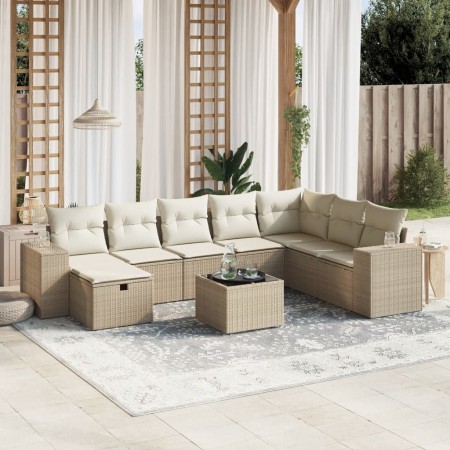vidaXL 9-tlg. Garten-Sofagarnitur mit Kissen Beige Poly Rattan