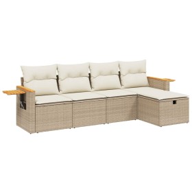 vidaXL 5-tlg. Garten-Sofagarnitur mit Kissen Beige Poly Rattan