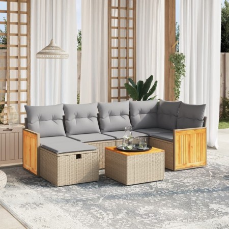 vidaXL 7-tlg. Garten-Sofagarnitur mit Kissen Beige Poly Rattan