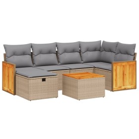 vidaXL 7-tlg. Garten-Sofagarnitur mit Kissen Beige Poly Rattan