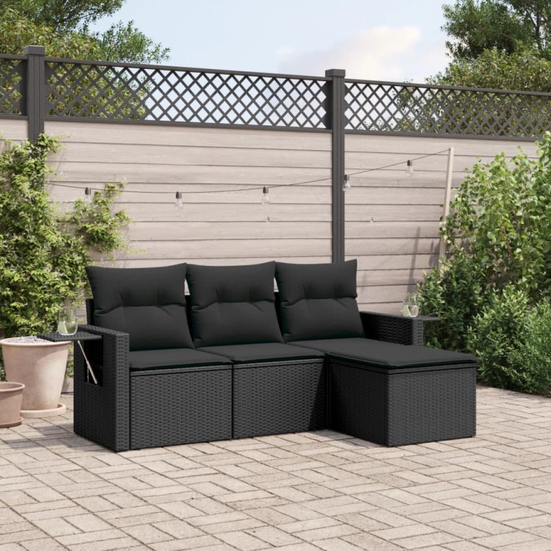 vidaXL 4-tlg. Garten-Sofagarnitur mit Kissen Schwarz Poly Rattan vidaXL 4-tlg. Garten-Sofagarnitur mit Kissen Schwarz Poly Rattan