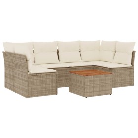 vidaXL 7-tlg. Garten-Sofagarnitur mit Kissen Beige Poly Rattan