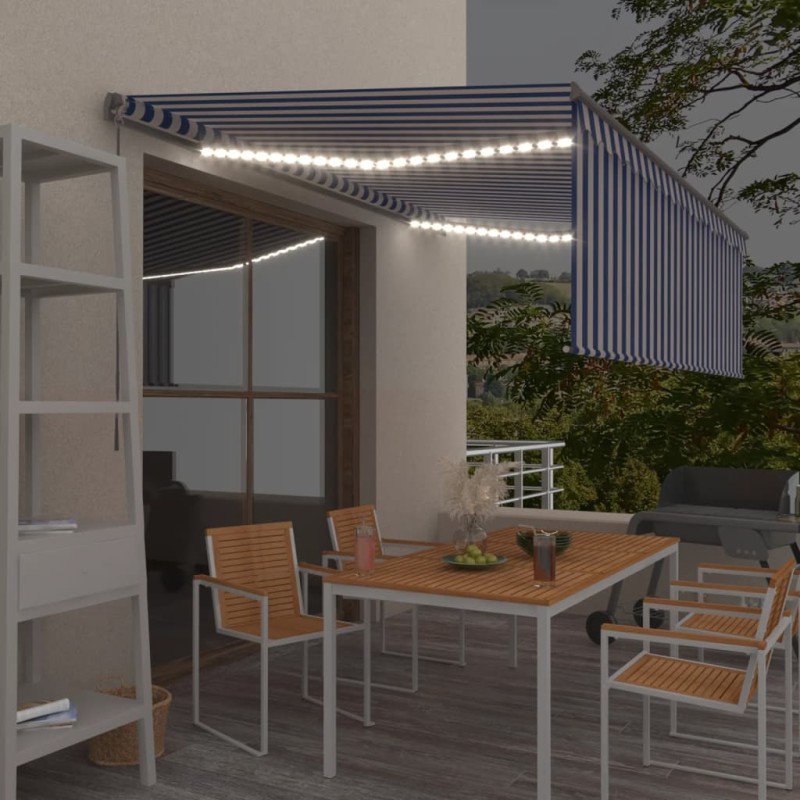 vidaXL Markise Manuell Einziehbar mit Rollo LED 4x3m Blau und Weiß vidaXL Markise Manuell Einziehbar mit Rollo LED 4x3m Blau und Weiß