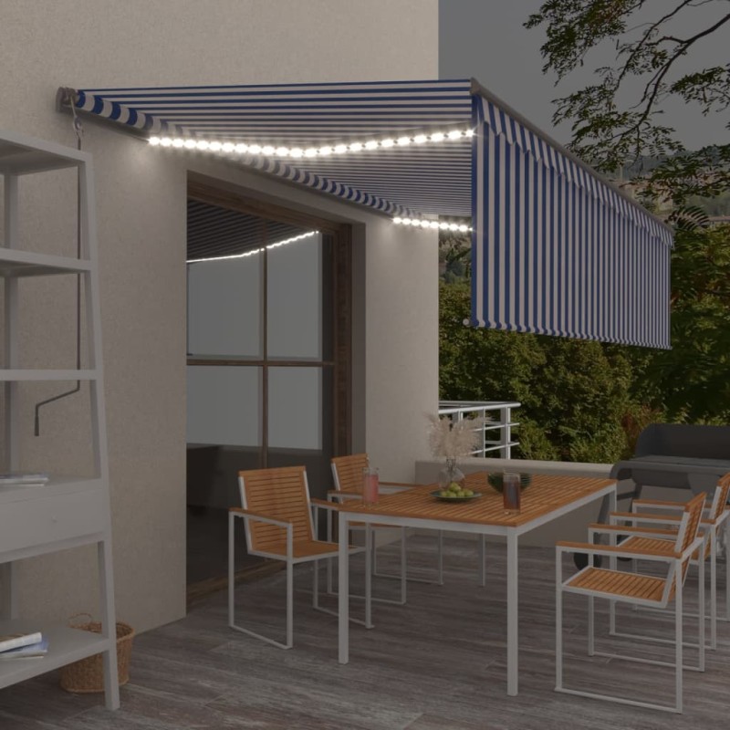 vidaXL Markise Manuell Einziehbar mit Rollo & LED 5x3 m Blau & Weiß vidaXL Markise Manuell Einziehbar mit Rollo & LED 5x3 m Blau & Weiß