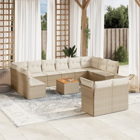 vidaXL 13-tlg. Garten-Sofagarnitur mit Kissen Beige Poly Rattan