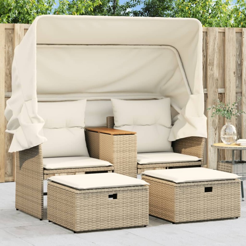 vidaXL Gartensofa 2-Sitzer mit Dach und Hockern Beige Poly Rattan vidaXL Gartensofa 2-Sitzer mit Dach und Hockern Beige Poly Rattan