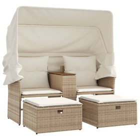 vidaXL Gartensofa 2-Sitzer mit Dach und Hockern Beige Poly Rattan