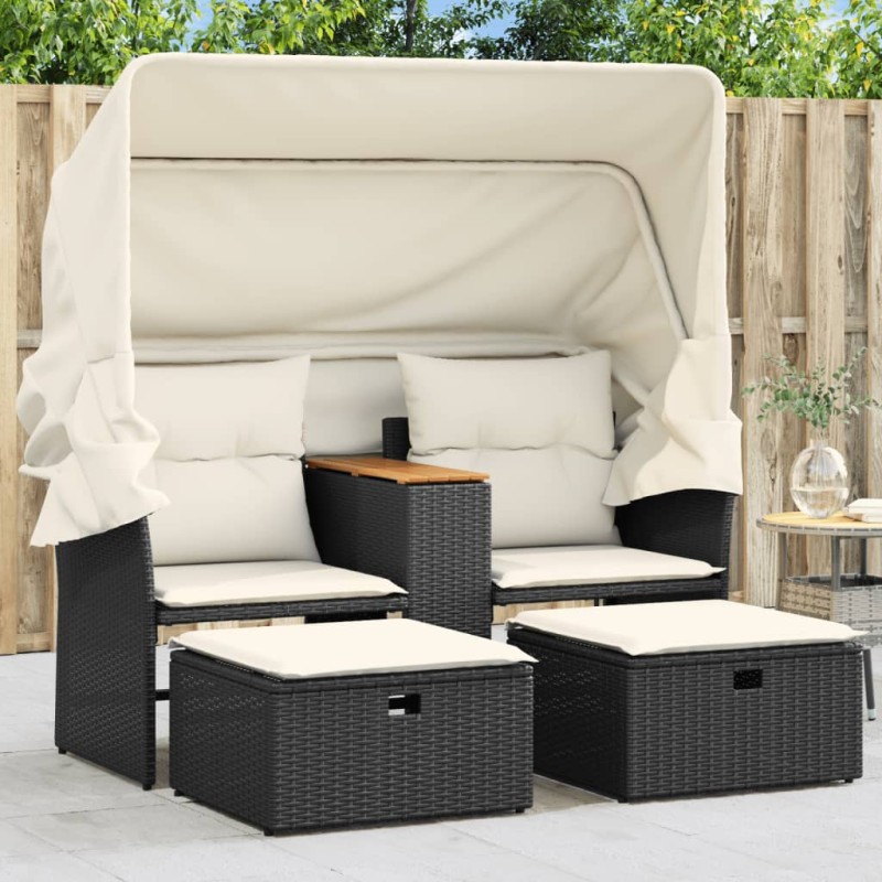 vidaXL Gartensofa 2-Sitzer mit Dach und Hockern Schwarz Poly Rattan vidaXL Gartensofa 2-Sitzer mit Dach und Hockern Schwarz Poly Rattan