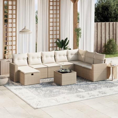 vidaXL 9-tlg. Garten-Sofagarnitur mit Kissen Beige Poly Rattan