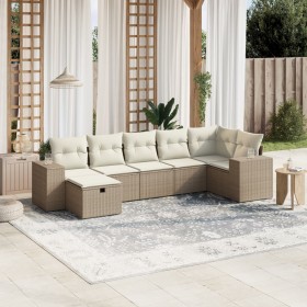 vidaXL 7-tlg. Garten-Sofagarnitur mit Kissen Beige Poly Rattan