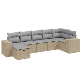 vidaXL 7-tlg. Garten-Sofagarnitur mit Kissen Beige Poly Rattan