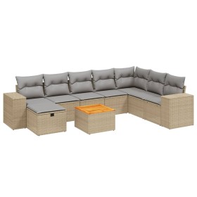 vidaXL 9-tlg. Garten-Sofagarnitur mit Kissen Beige Poly Rattan