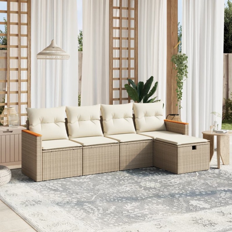 vidaXL 5-tlg. Garten-Sofagarnitur mit Kissen Beige Poly Rattan vidaXL 5-tlg. Garten-Sofagarnitur mit Kissen Beige Poly Rattan
