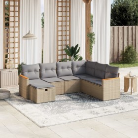 vidaXL 7-tlg. Garten-Sofagarnitur mit Kissen Beige Poly Rattan