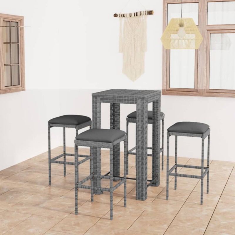 vidaXL 5-tlg. Gartenbar-Set mit Kissen Poly Rattan Grau vidaXL 5-tlg. Gartenbar-Set mit Kissen Poly Rattan Grau