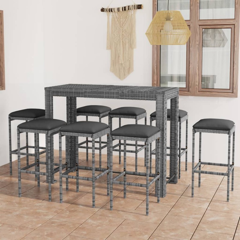 vidaXL 9-tlg. Gartenbar-Set mit Kissen Poly Rattan Grau vidaXL 9-tlg. Gartenbar-Set mit Kissen Poly Rattan Grau
