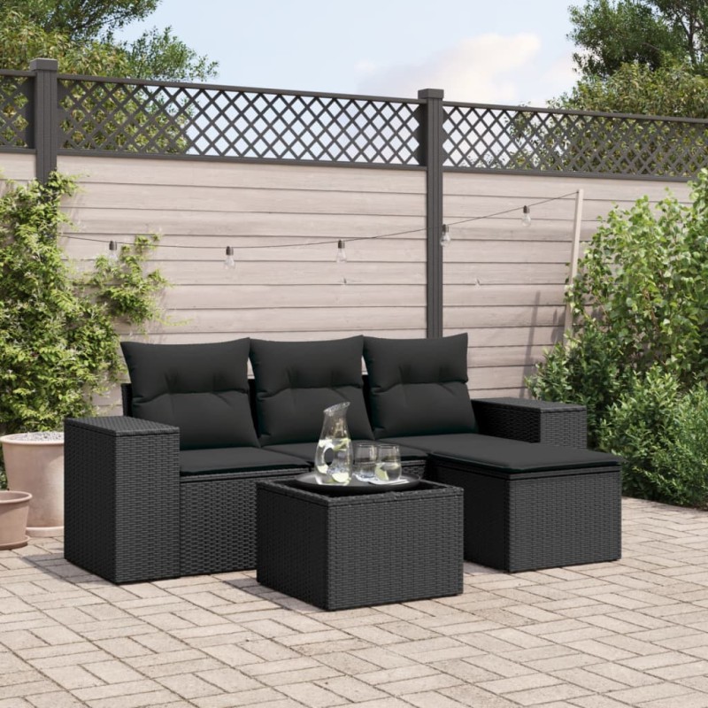 vidaXL 5-tlg. Garten-Sofagarnitur mit Kissen Schwarz Poly Rattan vidaXL 5-tlg. Garten-Sofagarnitur mit Kissen Schwarz Poly Rattan