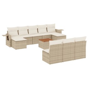 vidaXL 11-tlg. Garten-Sofagarnitur mit Kissen Beige Poly Rattan