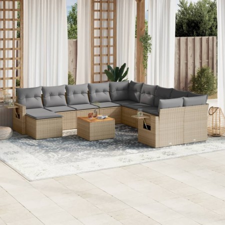 vidaXL 12-tlg. Garten-Sofagarnitur mit Kissen Beige Poly Rattan
