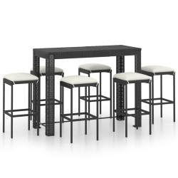vidaXL 7-tlg. Gartenbar-Set mit Kissen Poly Rattan Schwarz
