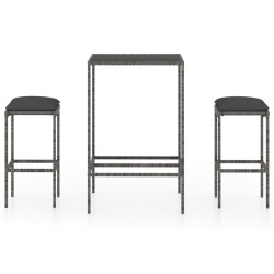vidaXL 3-tlg. Gartenbar-Set mit Kissen Poly Rattan Grau