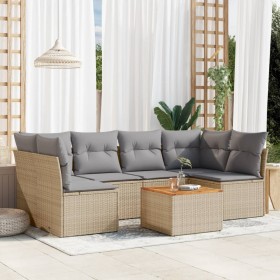 vidaXL 7-tlg. Garten-Sofagarnitur mit Kissen Beige Poly Rattan