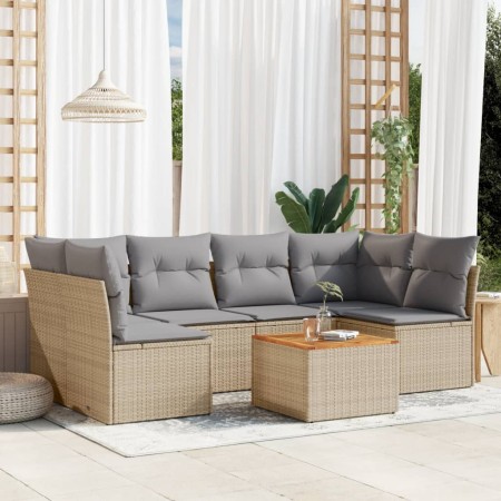 vidaXL 7-tlg. Garten-Sofagarnitur mit Kissen Beige Poly Rattan